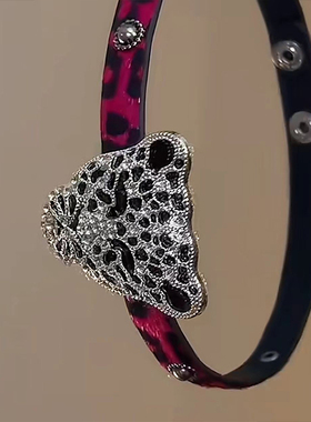 锆石皮质粉色豹纹女性感潮酷项圈