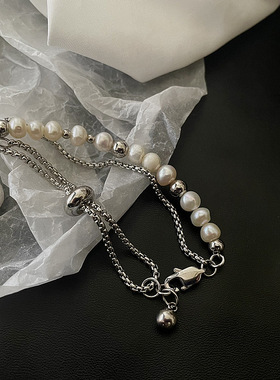 明星同款双层淡水珍珠钛钢手链女