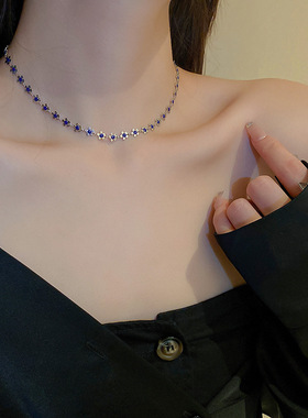 银色小蓝花朵女ins风简约项链
