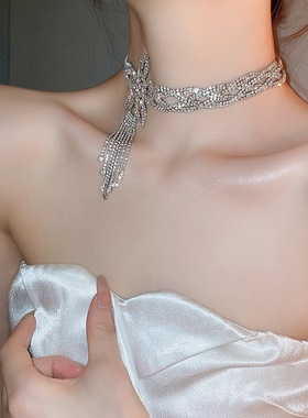 欧美时尚满钻花朵流苏丝带项链女