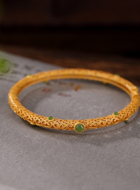 入梦S925纯银镀金镀金手镯子和田玉宫廷如意镂空花纹环饰气质礼品