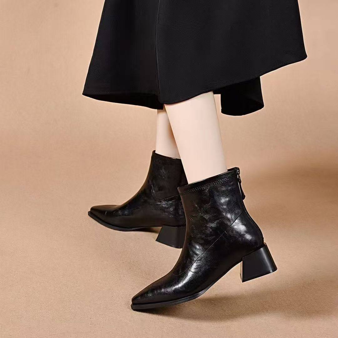 品牌清仓真皮马丁靴女2025秋冬季新款粗跟方头短靴中跟配裙子裸靴,淘宝优惠券,粉丝福利购,淘宝优惠卷