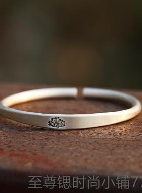 正品999纯银磨砂古法雏中间扁 菊致实心天然复文艺古精手镯