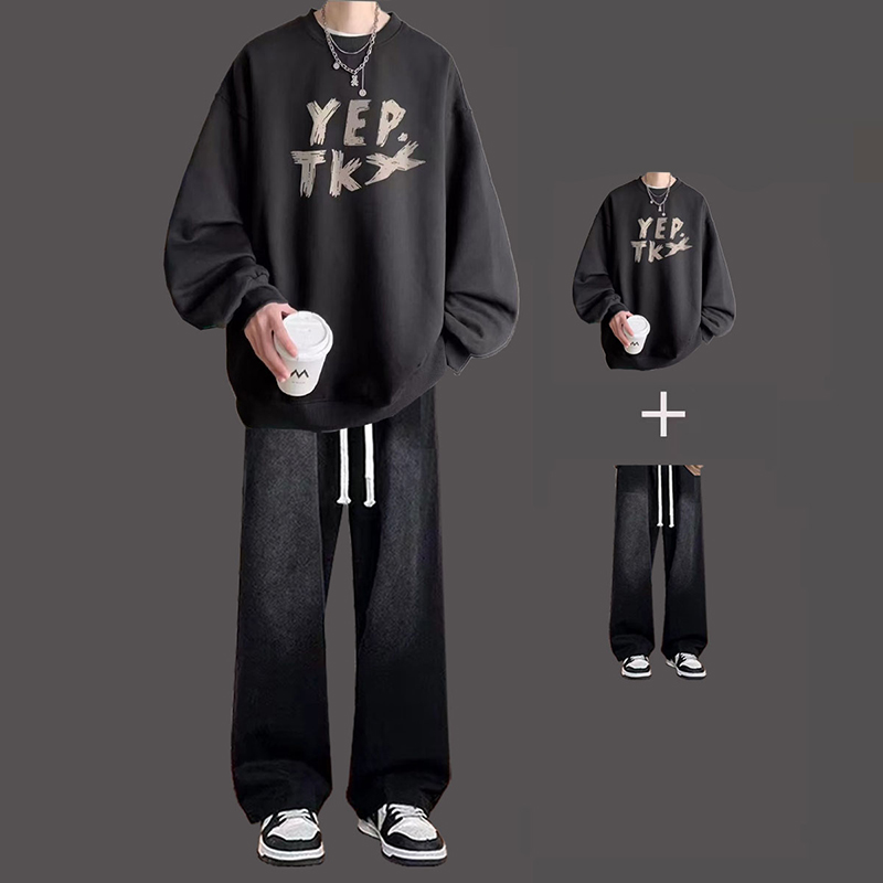 春秋季酒红卫衣套装男生美式痞帅搭配青少年加绒休闲重磅衣服男装 - 图0