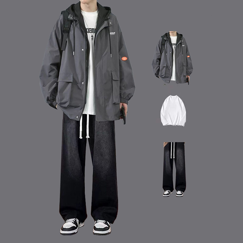 春秋季冲锋衣套装男款假两件连帽工装夹克外套男生宽松美式三件套 - 图3