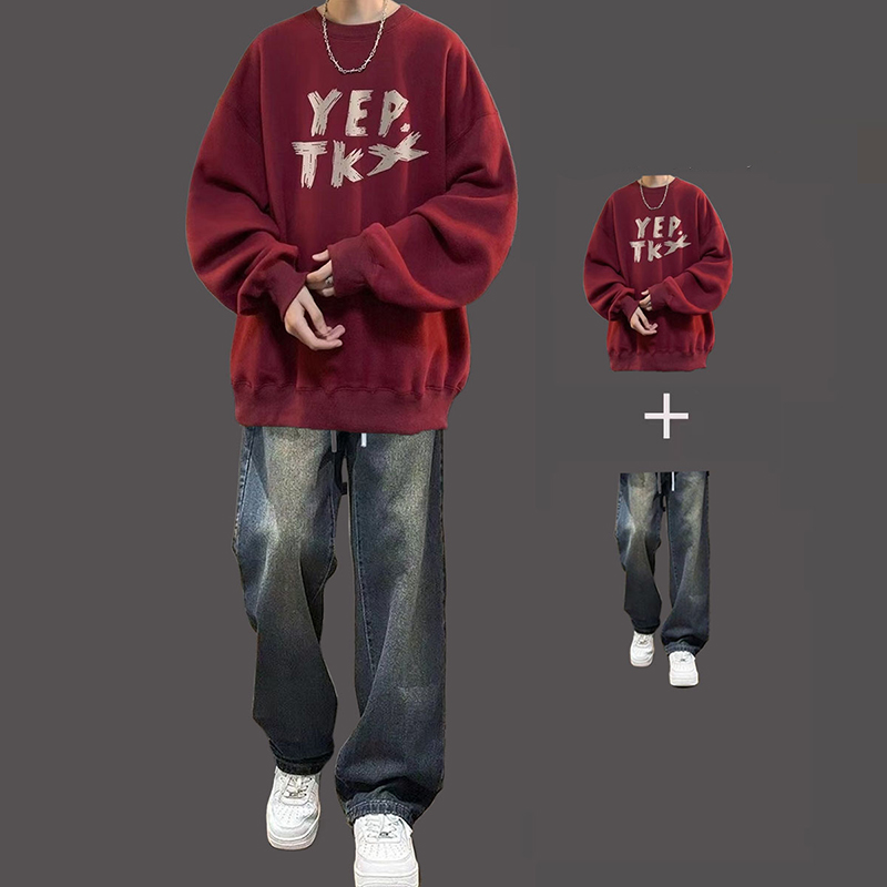 春秋季酒红卫衣套装男生美式痞帅搭配青少年加绒休闲重磅衣服男装 - 图2