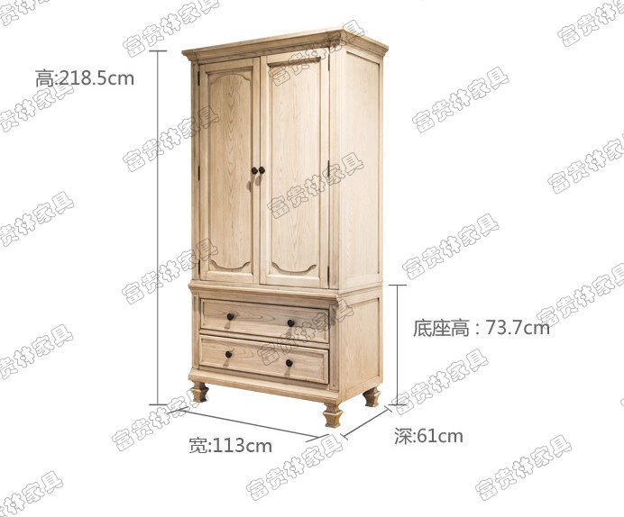 新款美式复古实木双门衣柜白色做旧五九斗柜欧式两门衣柜法式橡木-图1