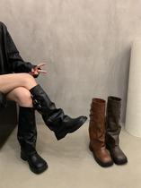 Tide-card retro high-cylinder trouser boots Cavaliers boots not over kneecap boots autumn Winter thick bottom women boots western cowboy boots