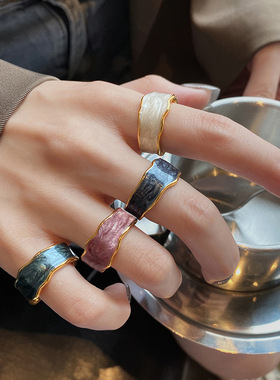 轻奢滴胶多彩波浪型开口戒指新款