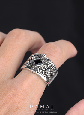 复古雕刻花纹黑色锆石戒指