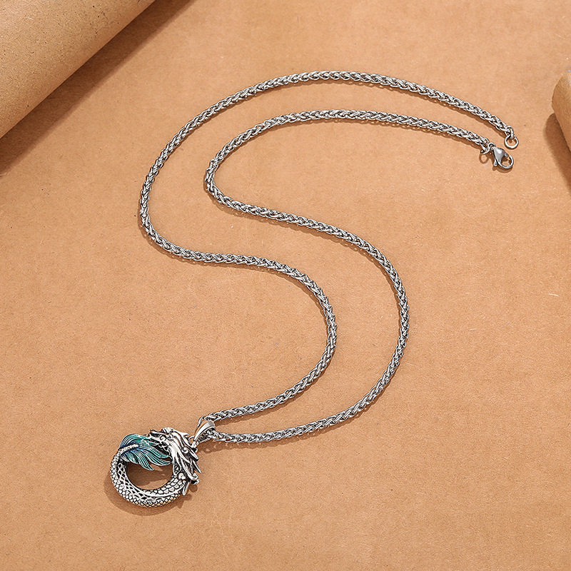 复古民族风景泰蓝珐琅彩祥龙项链男女同款做旧滴胶工艺平安扣饰品 - 图2