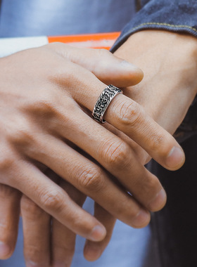 戒指男欧美潮男士单身冷淡风复古梵文个性六字真言嘻哈925银尾戒