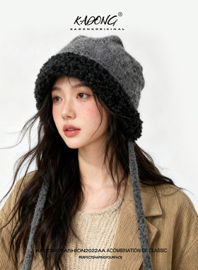 羊羔毛毛边堆堆帽子女冬2025新款大头围绑带针织包头帽保暖显脸小