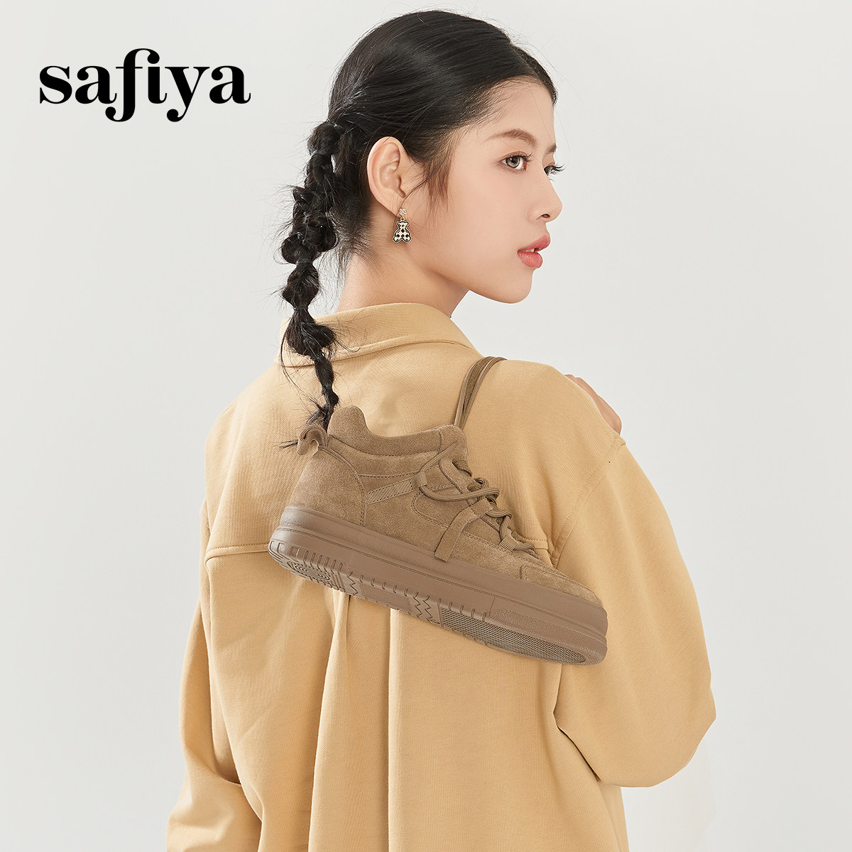 Safiya索菲娅高帮板鞋女2023新款秋季冬加绒加厚底复古工装休闲鞋