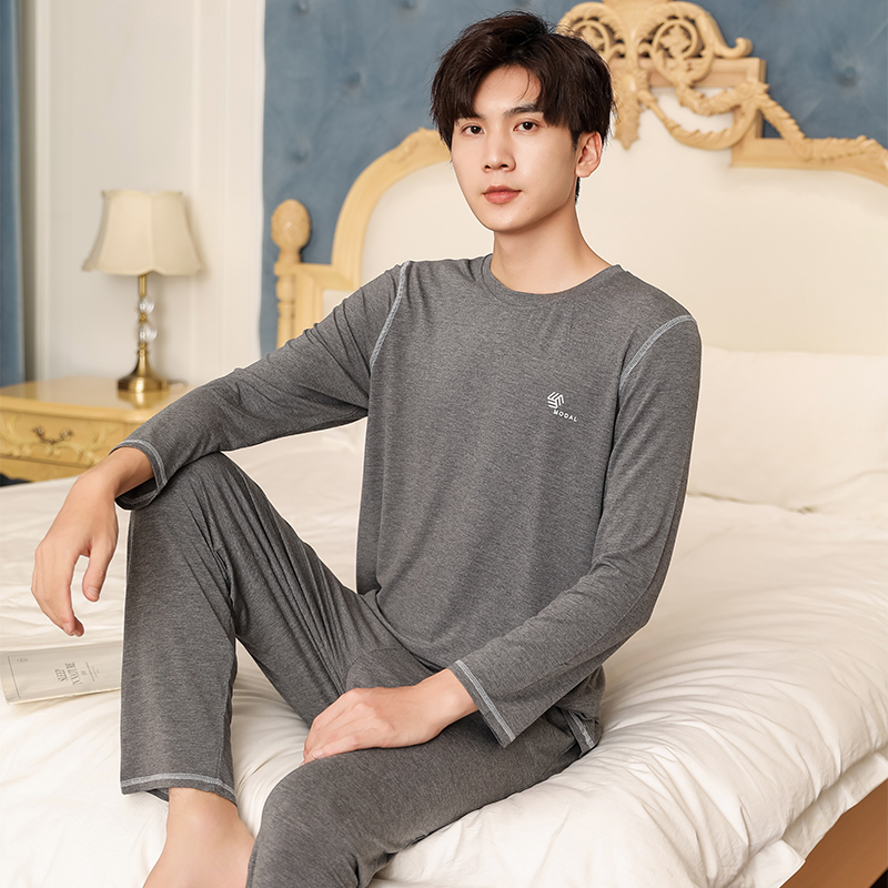 男士睡衣秋季薄款莫代尔长袖长裤套头套装宽松加大码可外穿家居服 - 图2