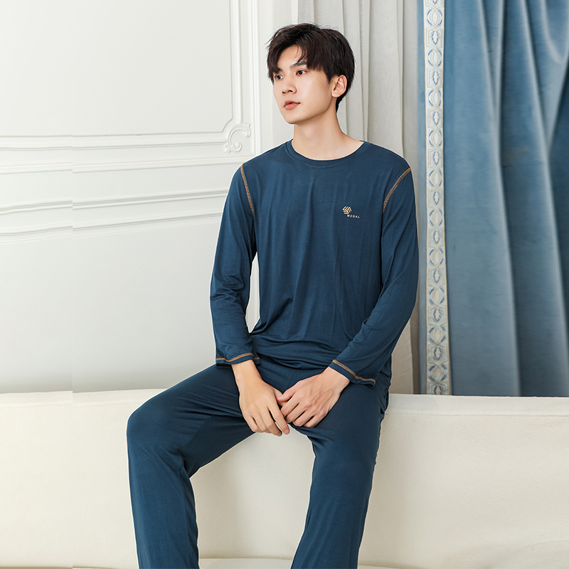 男士睡衣秋季薄款莫代尔长袖长裤套头套装宽松加大码可外穿家居服 - 图1
