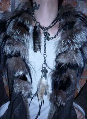 手作暗黑视觉系羽毛骷髅十字架多层次叠戴百搭复古钥匙扣裤链项链