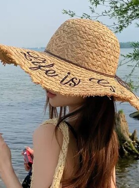 蕾丝蝴蝶结大帽檐遮阳草帽女夏季新款防晒帽海边度假沙滩太阳帽子