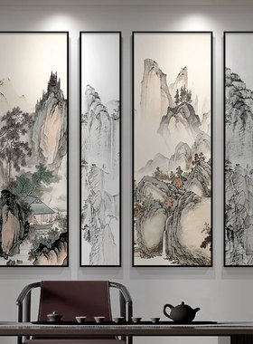 中式客厅装饰画山水四联画办公室茶室壁画高档大气沙发背景墙挂画