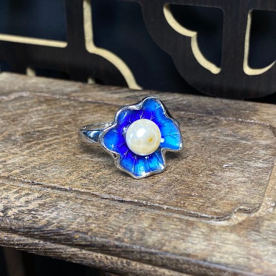 Retro burnt blue lotus leaf shell beads, elegant and simple, niche temperament ring for women, versatile ethnic style and national trend cross-border supply