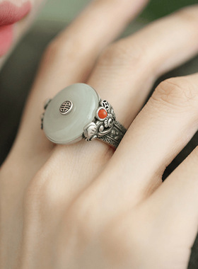 925银福字平安扣戒指复古新中式和田玉南红活口开口可调节食指戒