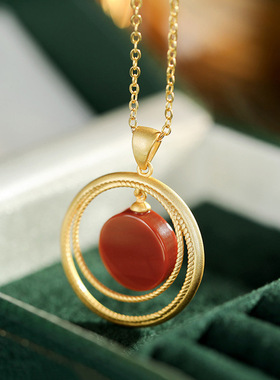 国潮南红古法金厚金红石款同心吊坠古典大气优雅精致小巧简约项坠