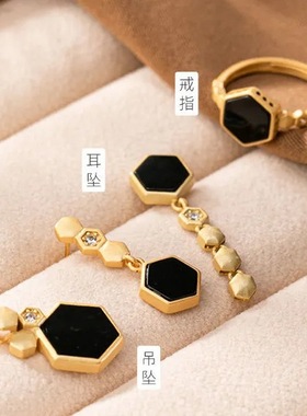复古S925银菱形戒指玉石墨玉色黑玛瑙指环个性简约几何形吊坠套装