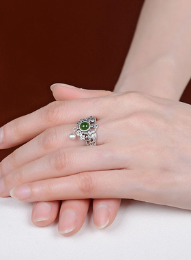 s925银复古新中式镂空铜钱戒指