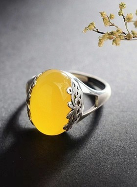 复古s925银琥珀蜜蜡绿玉髓戒指