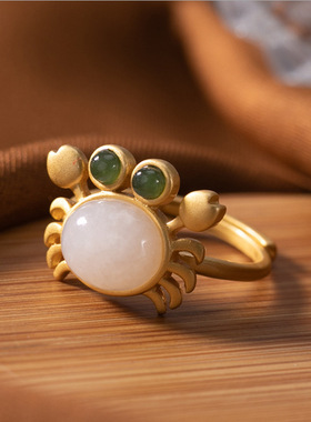 银镀金想和田玉螃蟹套装女款天然白玉镀金螃蟹耳环耳坠戒指金项链