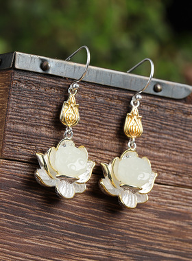 纯银莲花莲蓬吊坠项链女配饰发簪耳坠民族风复古耳环发簪项链套装