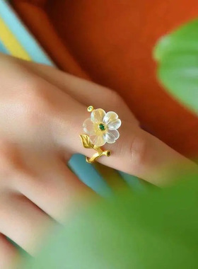 梨花雨凉古法金工艺银鎏金镶嵌白水晶小清新复古韵莱茵石国风戒指