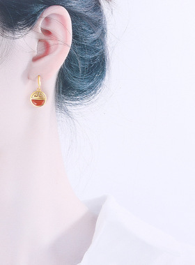 S925纯银金币镀金镶嵌南红玛瑙套装个性小巧镂空福纹气质女士耳坠