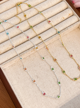 方形彩色碎石项链女轻奢小众