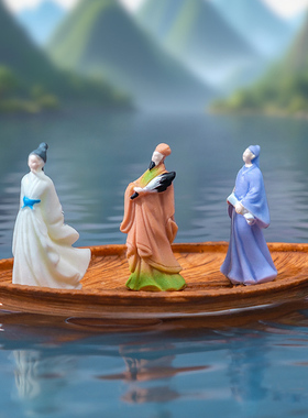古风树脂游玩人物小船微景观摆件