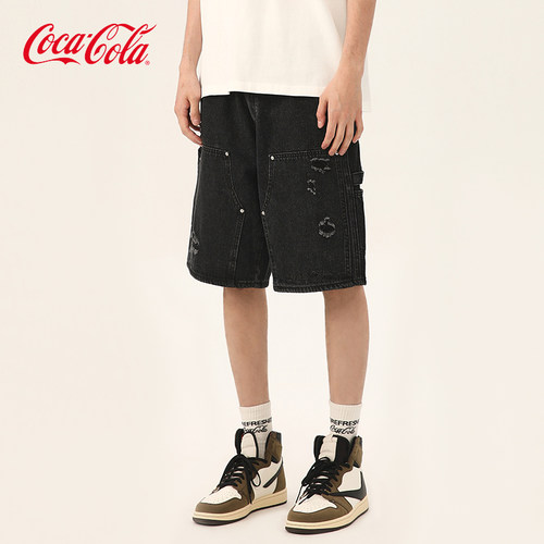 Coca-Cola/可口可乐 美式水洗做旧夏季男破洞伐木裤牛仔五分短裤 - 图2