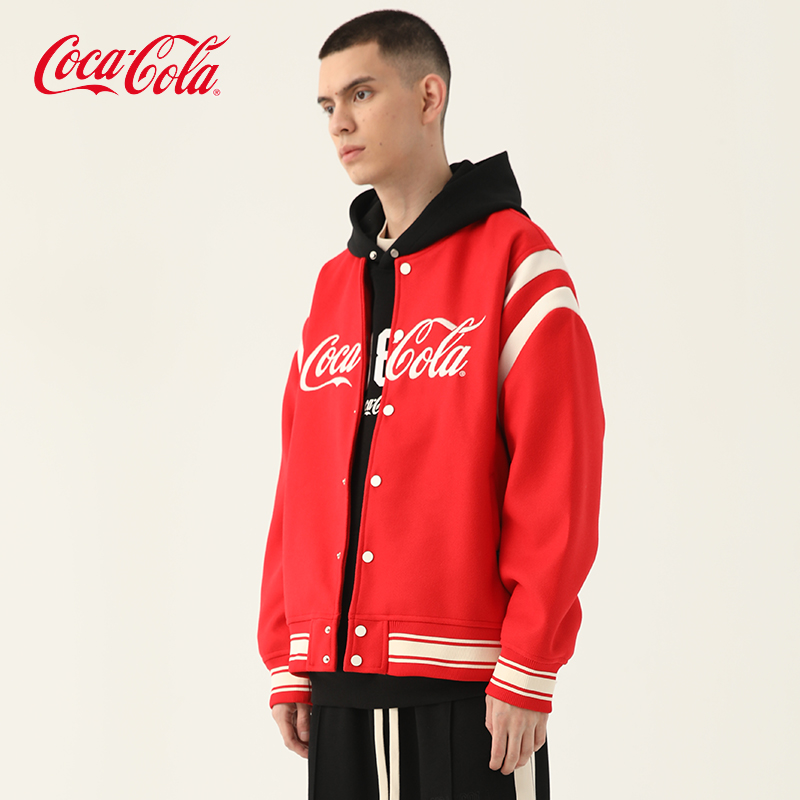 Coca-Cola/可口可乐 美式棒球服男女毛呢拼接春秋款夹克外套