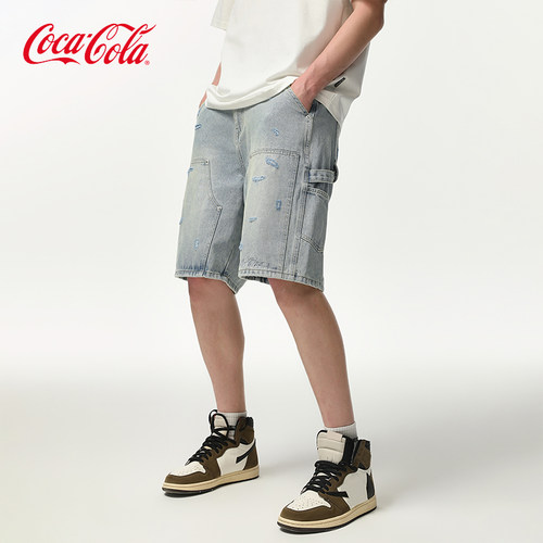 Coca-Cola/可口可乐 美式水洗做旧夏季男破洞伐木裤牛仔五分短裤 - 图0
