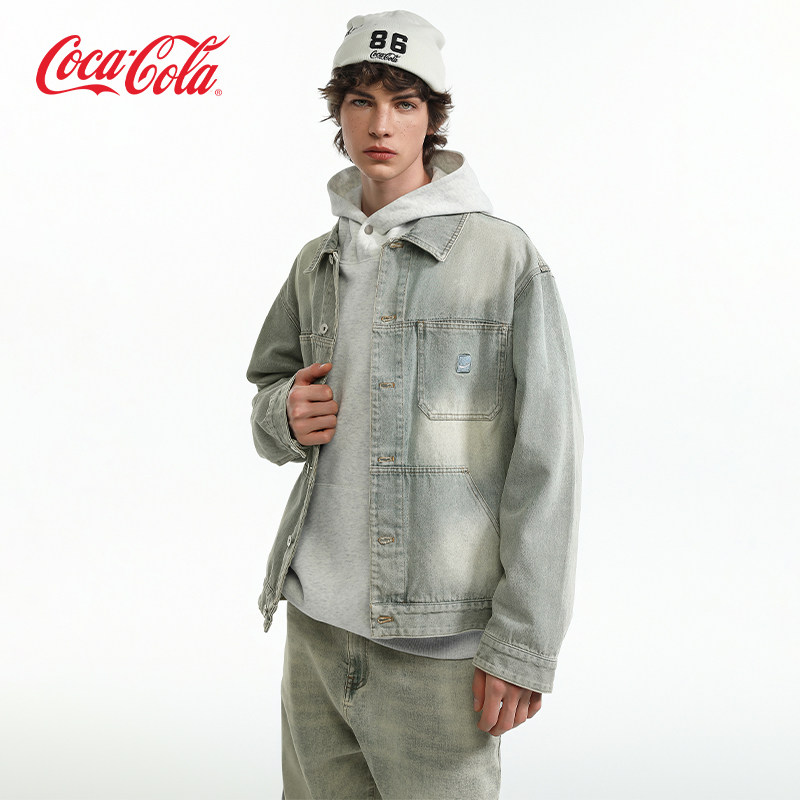 Coca-Cola/可口可乐 男女同款美式复古多口袋翻领水洗牛仔外套,淘宝优惠券,粉丝福利购,淘宝优惠卷