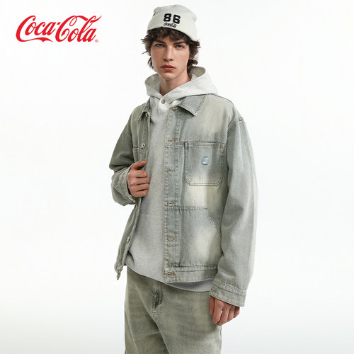 Coca-Cola/可口可乐 男女同款美式复古多口袋翻领水洗牛仔外套 - 图1