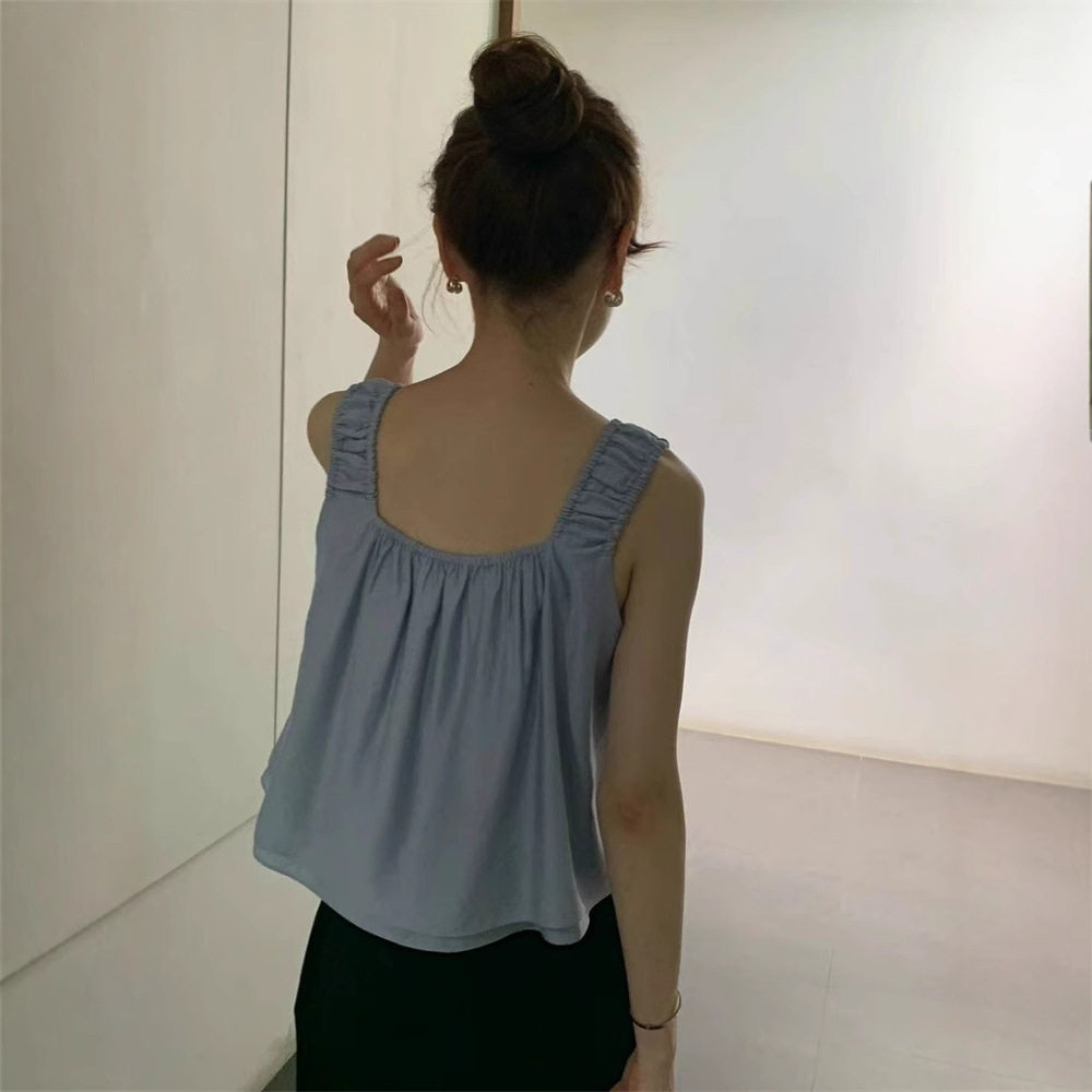 ounce现H25夏韩国东大门简约纯色设计感木耳肩带方领无袖上衣背心,淘宝优惠券,粉丝福利购,淘宝优惠卷