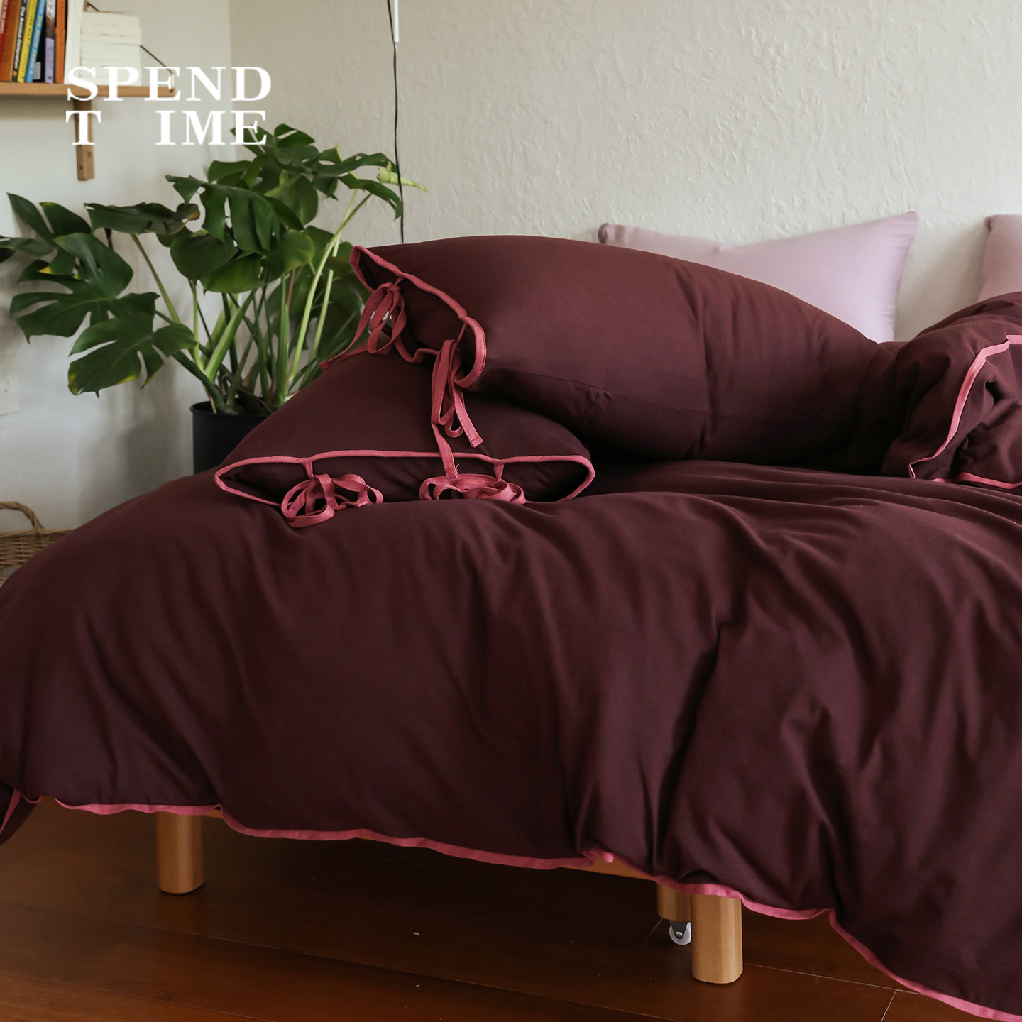 花时间生活原创撞色绑带针织棉100全棉四件套亲肤裸睡床单床笠 - 图0