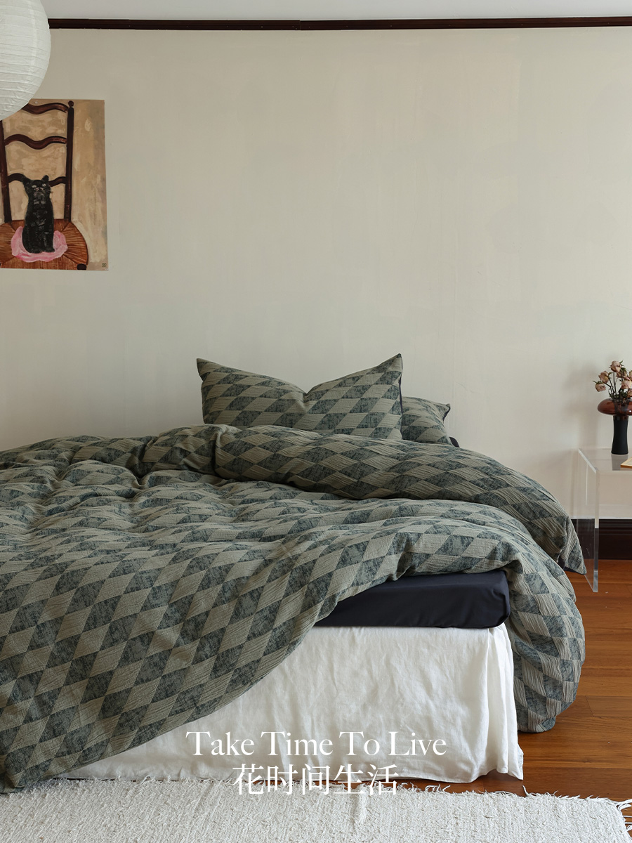 花时间生活新款四季纯棉色织提花水洗全棉被套床单舒适床上四件套 - 图0