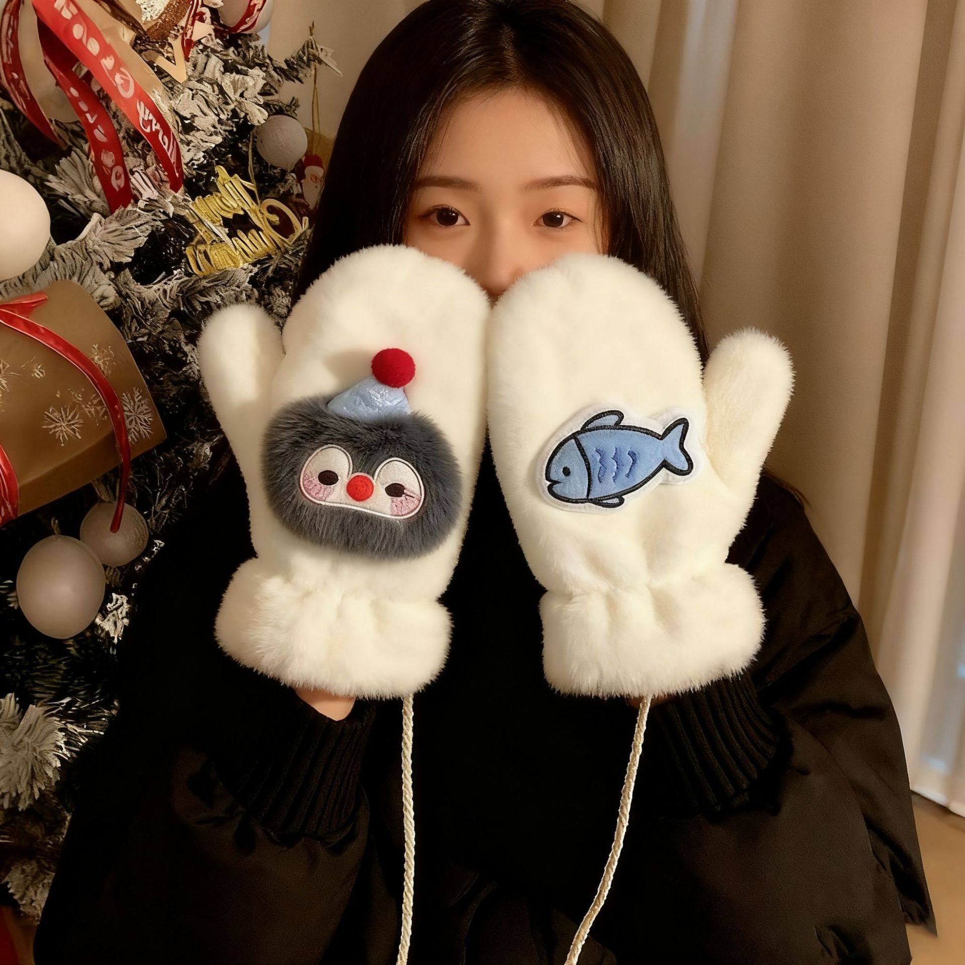 可爱毛绒手套冬季女款加绒学生骑车冬天挂脖企鹅防寒保暖连指全包,淘宝优惠券,粉丝福利购,淘宝优惠卷