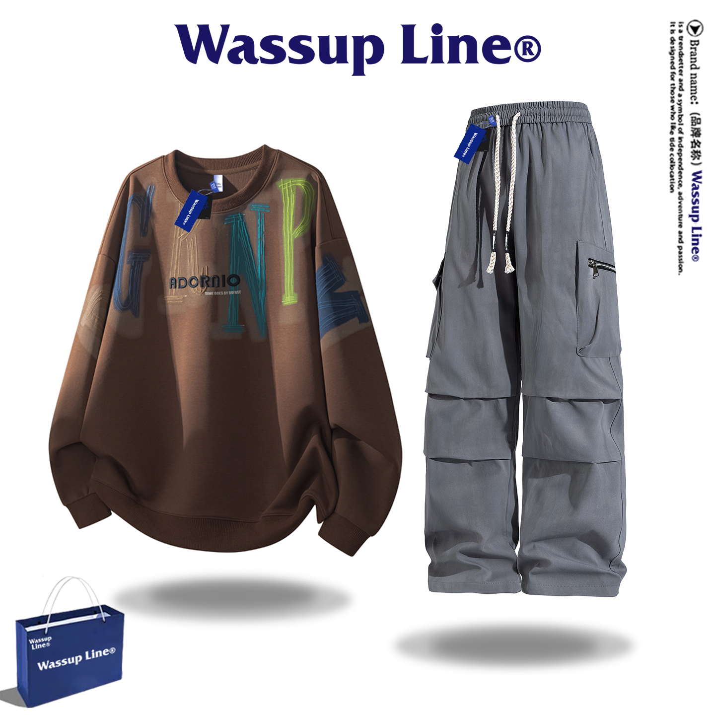 WASSUP Line潮牌美式休闲套装男款扎染宽松卫衣打底衫男士工装裤 - 图1