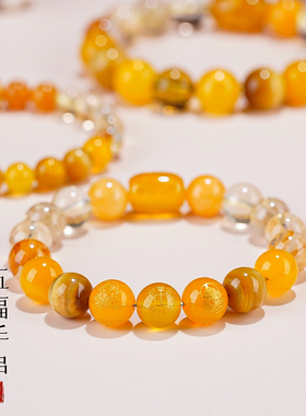 普陀山五行补喜用土手串五路财神招财手链金发晶黄胶花虎眼石水晶