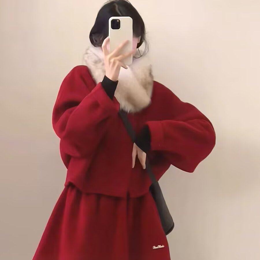 盐系轻熟小香风富家千金感独特漂亮本命年红色毛呢两件套装女秋冬,淘宝优惠券,粉丝福利购,淘宝优惠卷