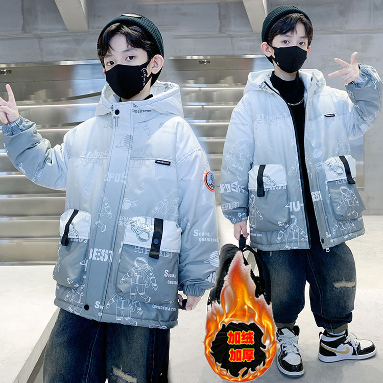 男童加绒外套秋冬款2025新款冬季加厚派克服中大童洋气儿童装棉衣 - 图0