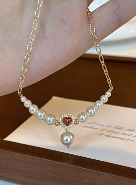 鲛人语/粉黛佳人 原创红色石榴石珍珠项链女高级感轻奢气质毛衣链