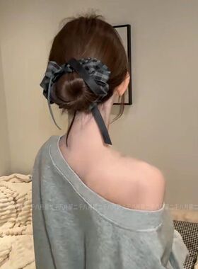 复古格纹飘带蝴蝶结香蕉夹发夹女2026年秋冬气质盘发高马尾夹抓夹